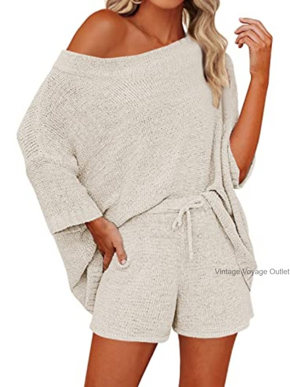 Off Shoulder Knit Top & Shorts 2 Piece Sweater Lounge Set Polyester Spandex